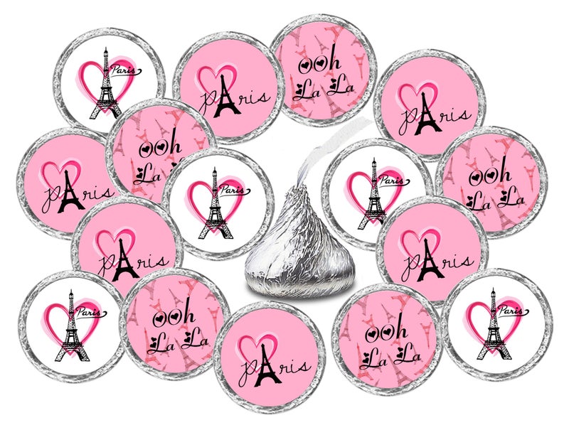 RokAPary 324 Paris Kisses Stickers Labels, Eiffel Tower Pink Kisses Stickers for Birthday Party Decorations, Wedding, Baby Shower, France Europe Travel Themed Party Favors Decor for Kisses. Made in USA - Image 1
